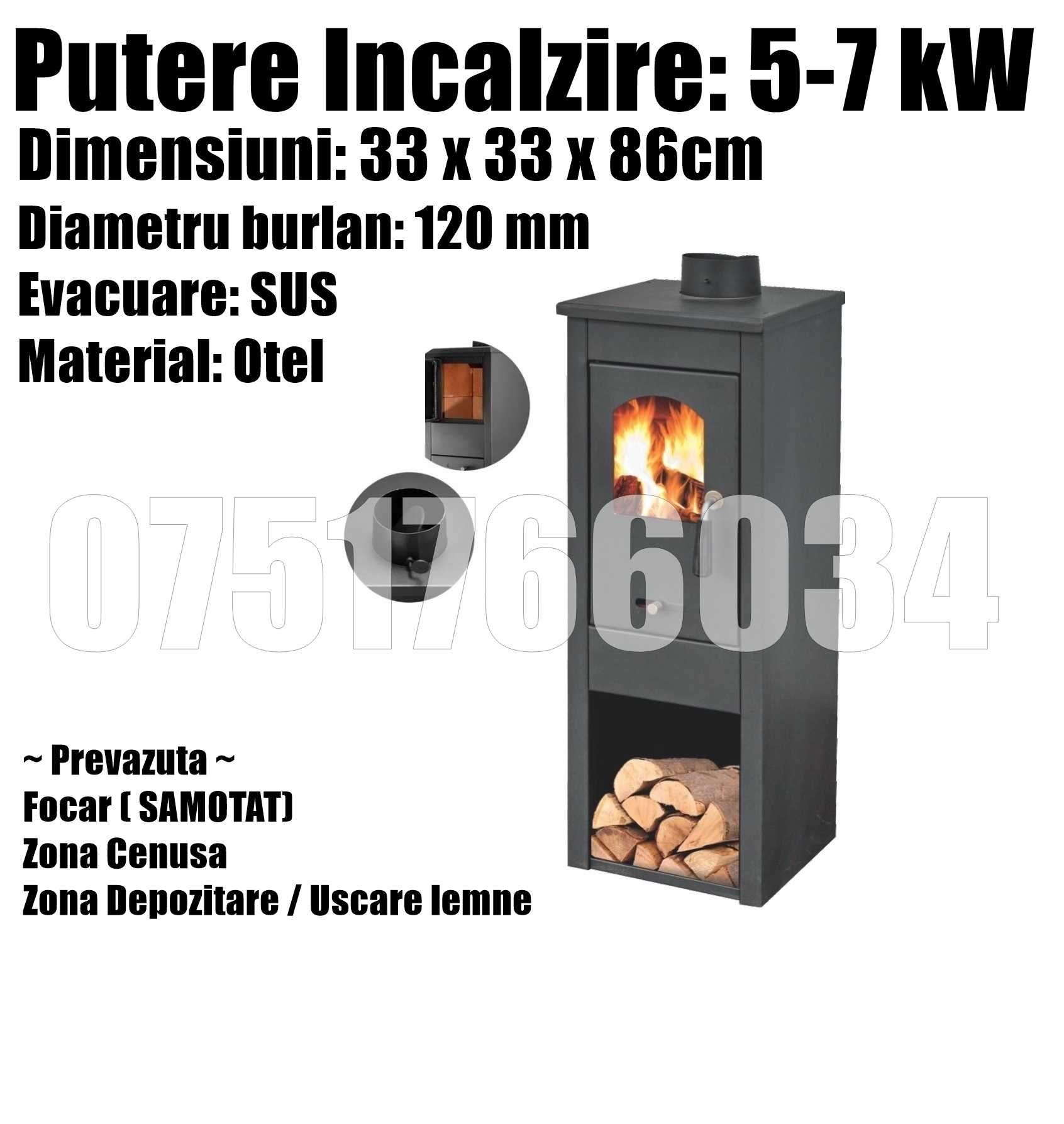 Soba Semineu Lemne Usa Sticla  5-7kw Incalzire Camera LIVRARE GRATUITA