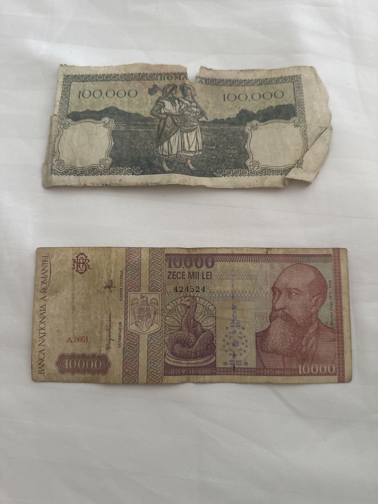 Bancnotă de 100.000 lei si bancnotă de 10.000 anul 1944 si 1946.