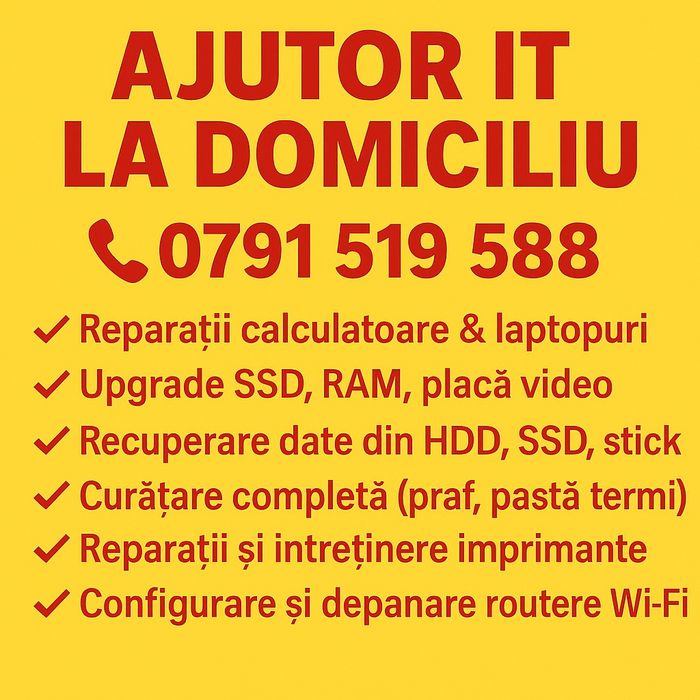 Reparații laptop calculatoare imprimantă wifi upgrade curatare= acasa