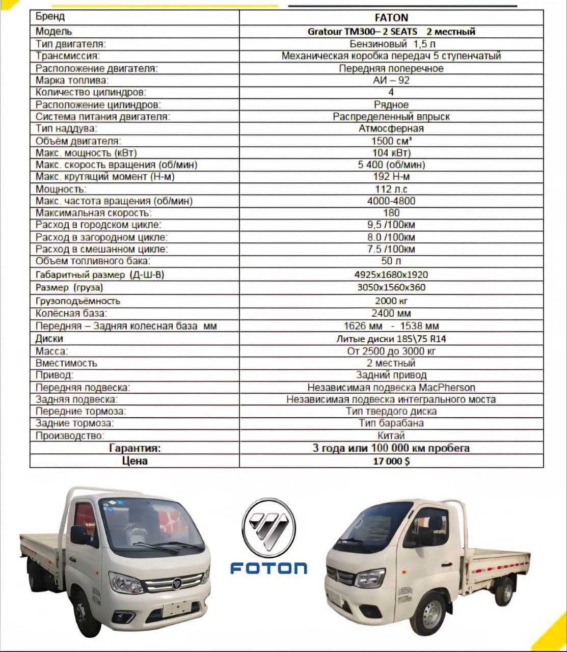 Автомобил Бензиновый Gratour TM300– 2 SEATS 2 местный FOTON