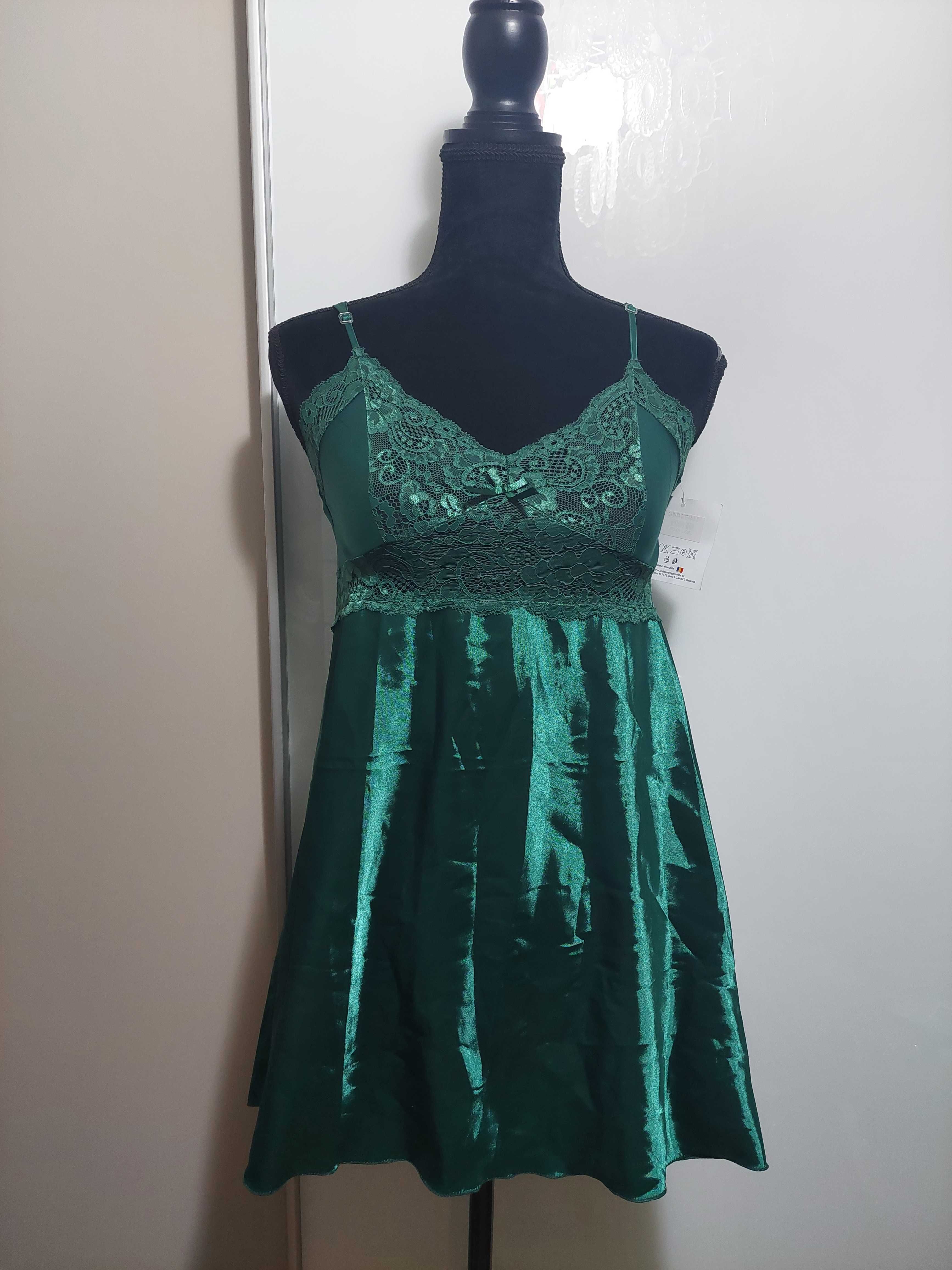 Rochie de noapte/furou/cămasă de noapte verde satinata cu dantela