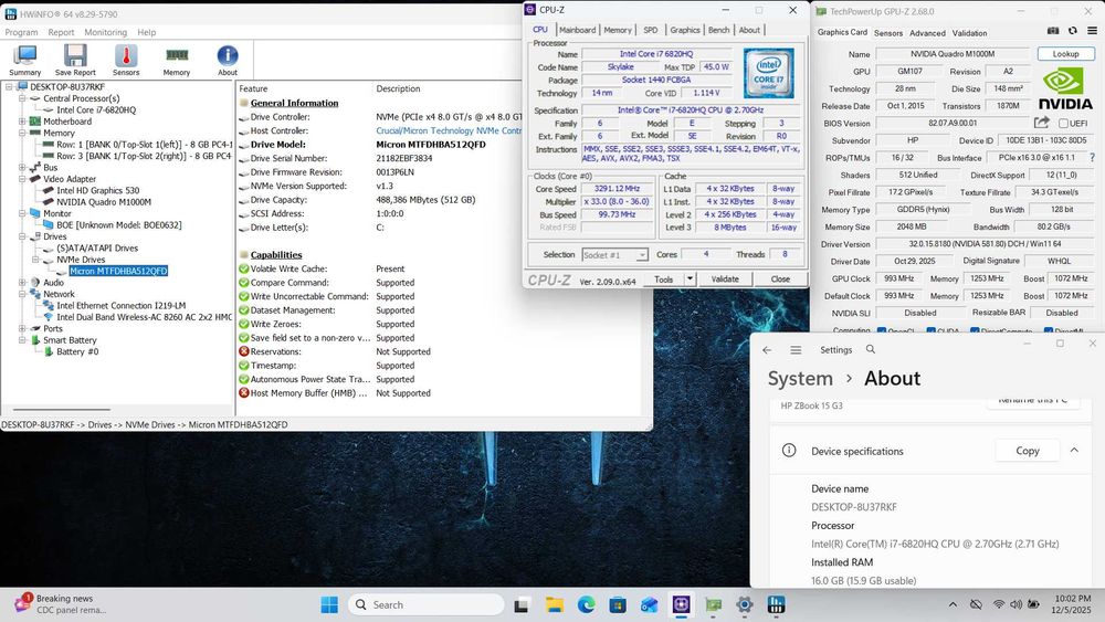 Gaming HP I7-6820HQ 16GB RAM 512GB SSD nVIDIA Quadro M1000M 2GB GDDR5
