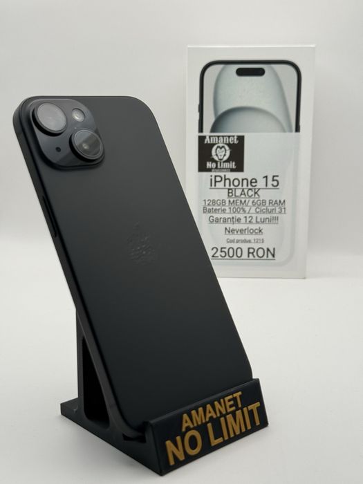 iPhone 15 Black 128GB Nou Garantie 12 Luni , AMANET NO LIMIT