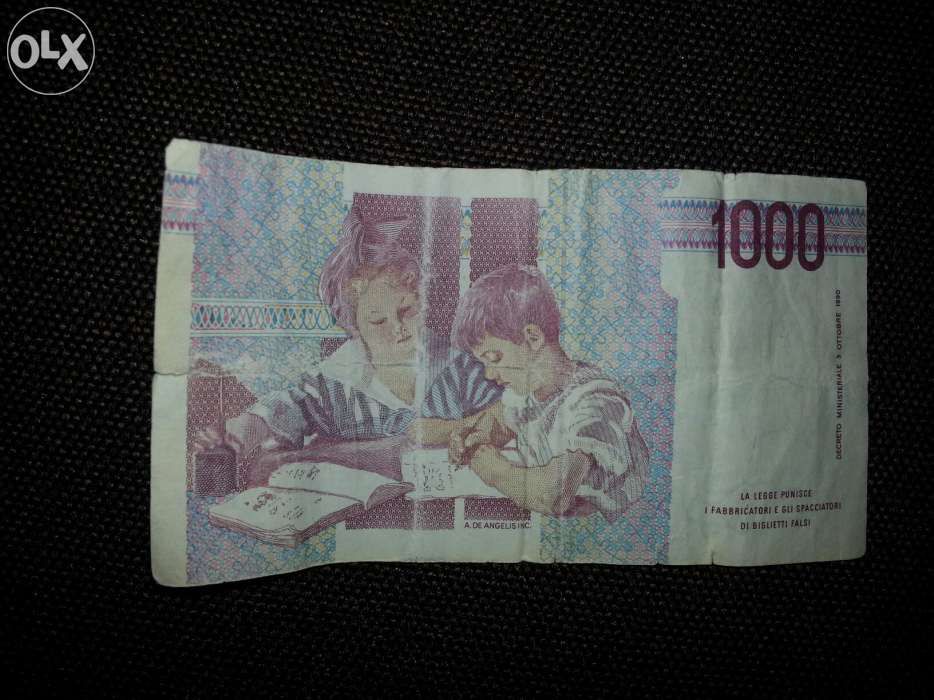 bancnota 1000 lire italiene și 1 dolar 1988