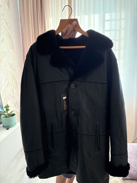 Кожаная дубленка с натуральным мехом, воротник нора