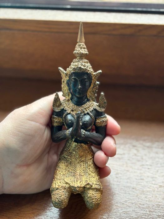 Statuetă Buddha Thai/bronz masiv patinat/bicolor/fată 2/17,3cm.