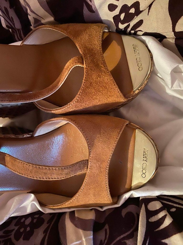 Jimmy Choo Pela Suede T-Strap Cork-Wedge Sandal Brown