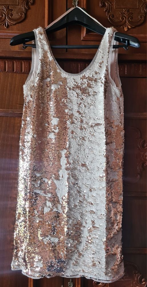 Rochie cu paiete aurii reversibile, Zara Basic, XS, nouă