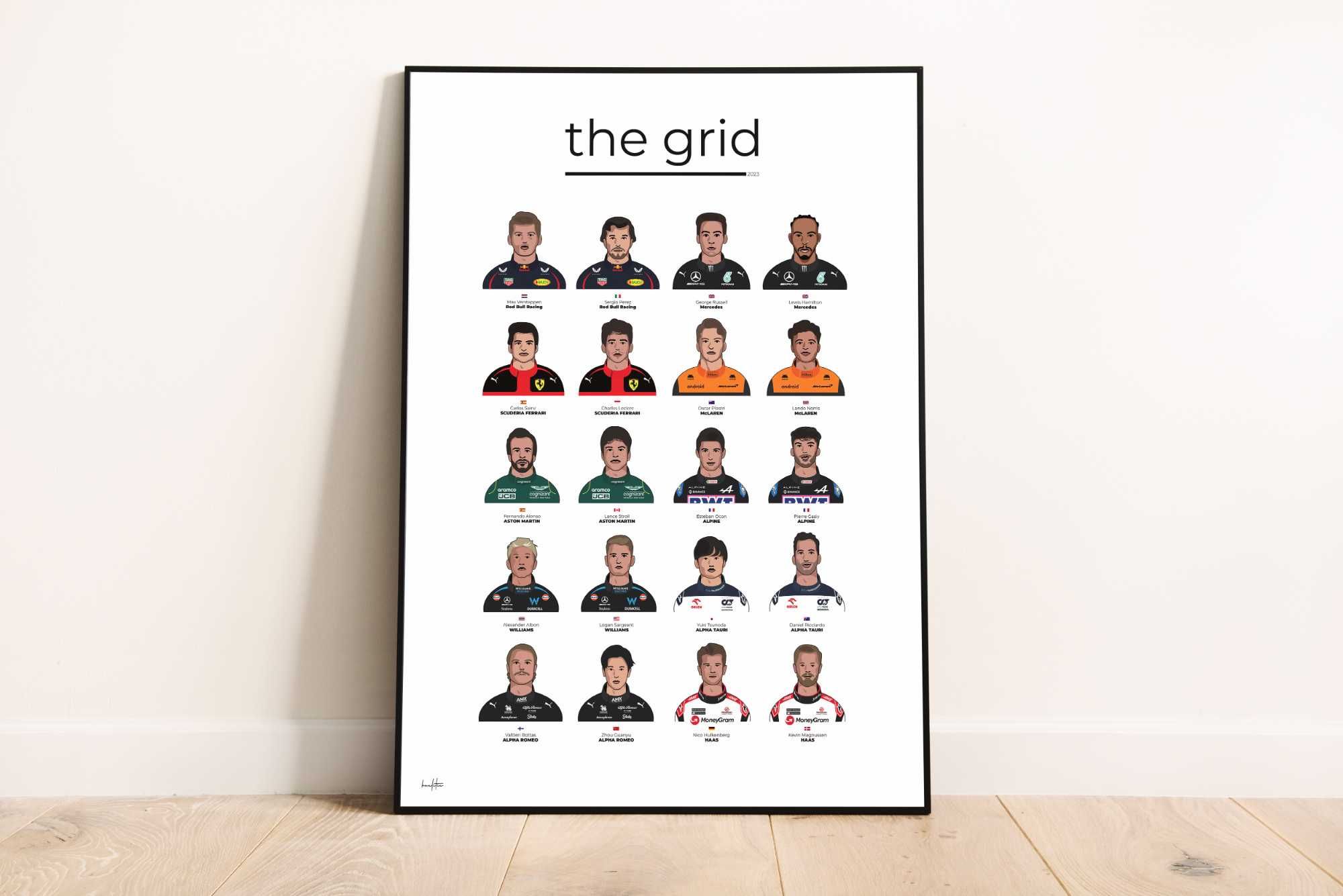Poster cu Formula 1 2023, ilustrație cu piloții F1. Cadou pentru fani.