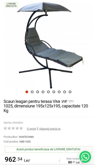 Scaun leagăn pentru terasa sau gradină,dimensiune 195x125x195