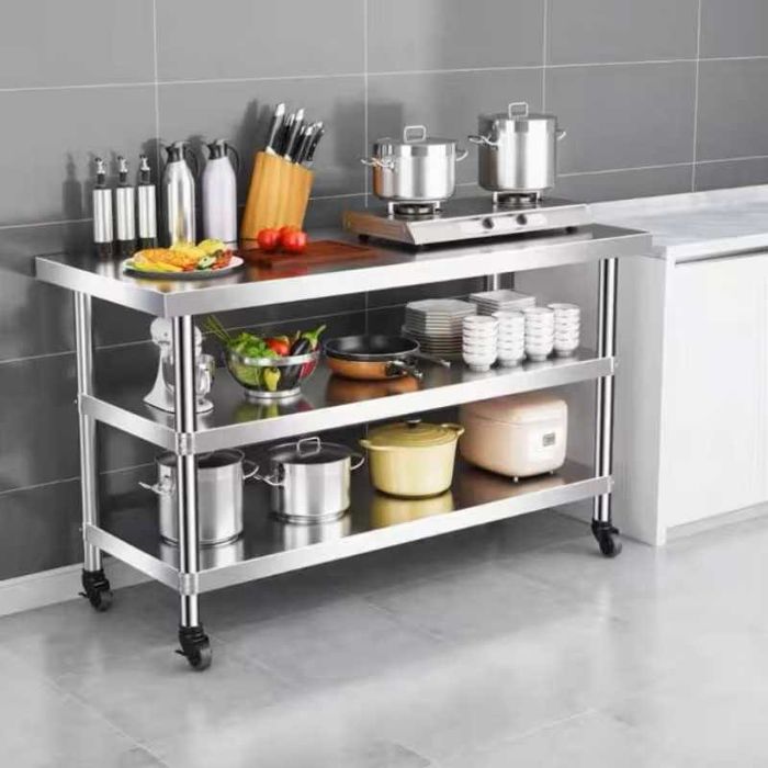 masa  de inox 2 polite pe roti 90x50x85 cm bucatarie interior exterior