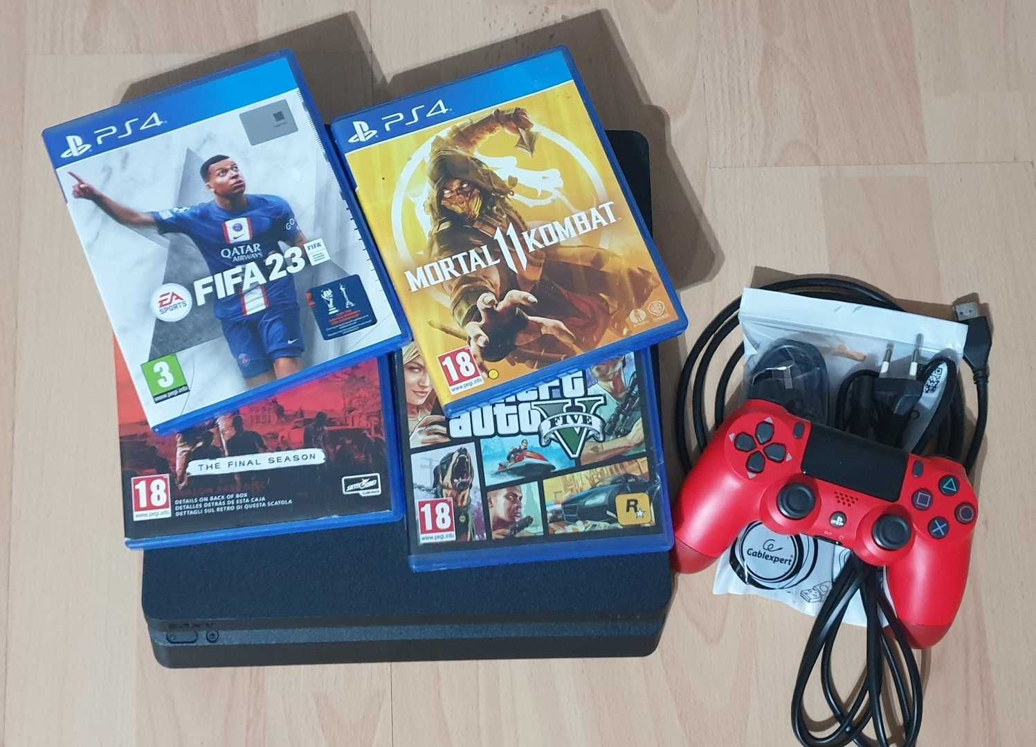 85 jocuri + PS4 SLIM, Fortnite, GTA V, Fifa 23, Mortal K 11 + 2 Manete