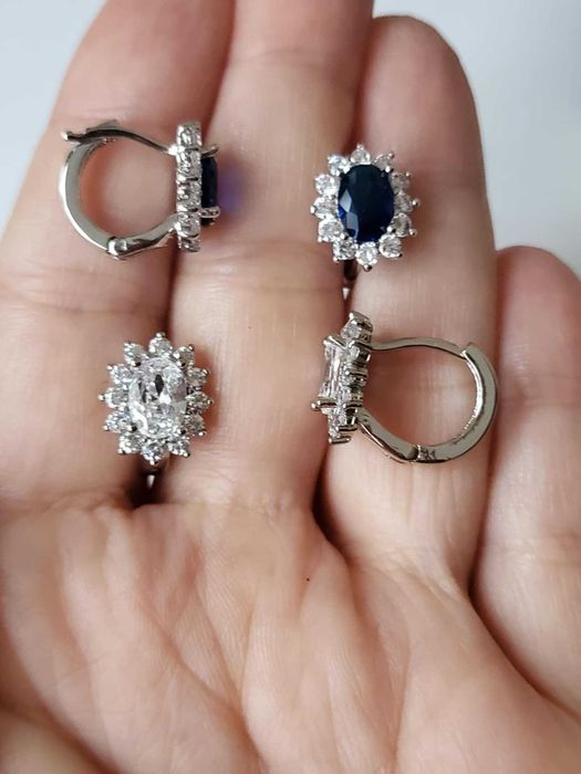 GP27,cercei placati aur alb 18k,zirconii albe/safir,incuietoare sigura