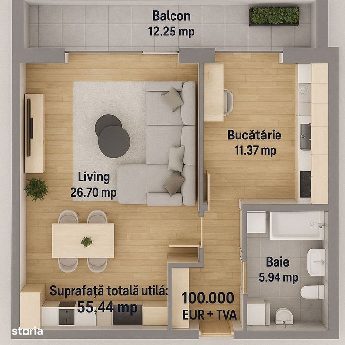 Studio cu incalzire in pardoseala, AC, bloc nou