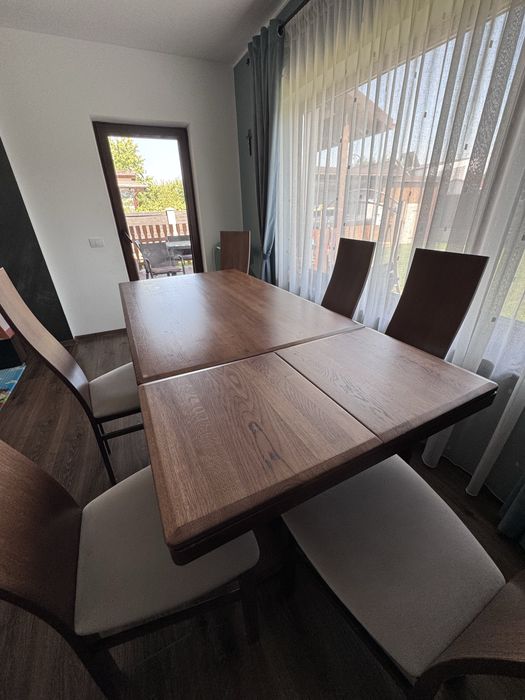 Masă extensibilă stejar masiv + 6 scaune – 150/200×90 cm