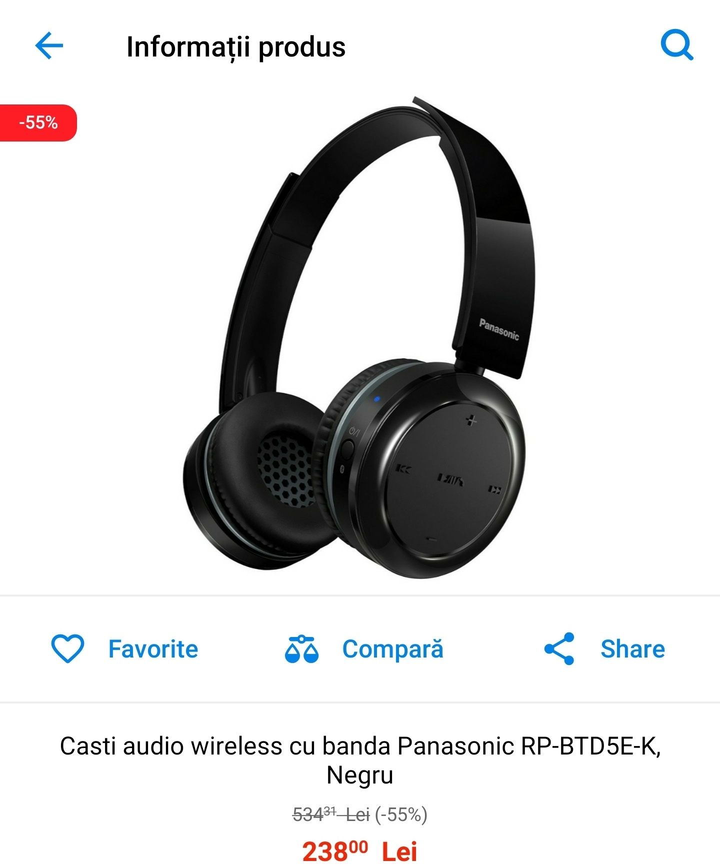 Vând căști hands free Panasonic RP-BTD5E1-K