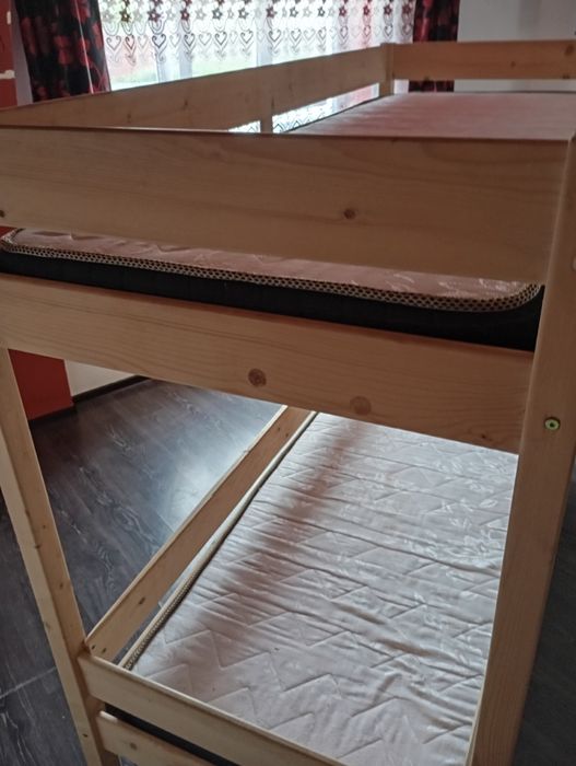 Pat etajat Lemn Masiv, 80x200 cm, Natur + 2 saltele