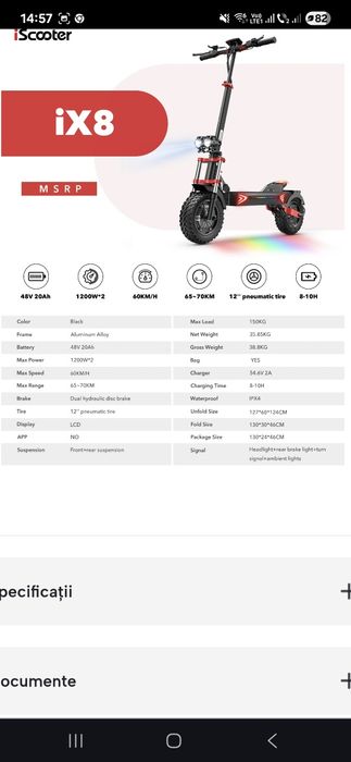 Trotinetă Electrică iScooter iX8 - Motor 2400W, Viteză 60 km/h, Auto