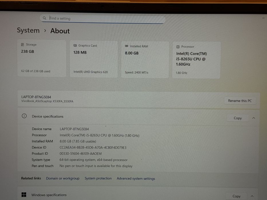 Laptop ASUS VivoBook S15 core i5 gen8, 8Gb DDR4, 256Gb SSD