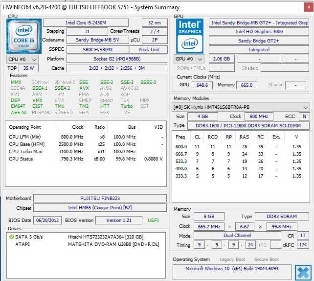 Laptop Fujitsu Lifebook S751 display 15'' Intel I5 2450m Ram 4G DDR3
