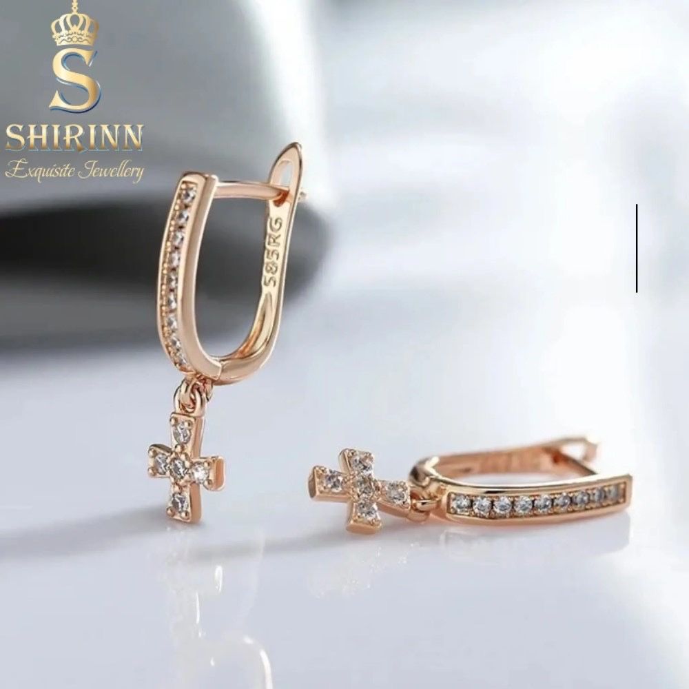 Cercei Eleganti Cruce Delicată, placați cu aur roz de 14 k