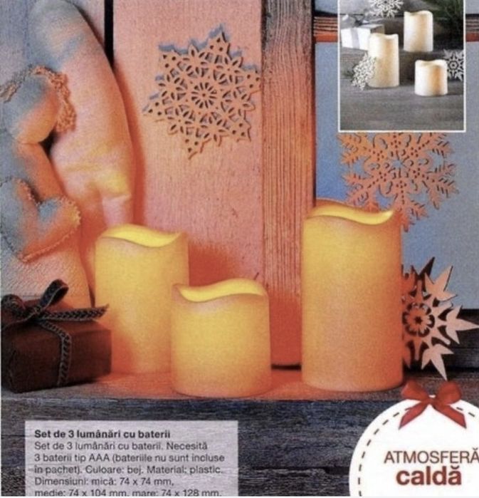 Set de 3 lumanari cu baterii cu fundite festive detasabile