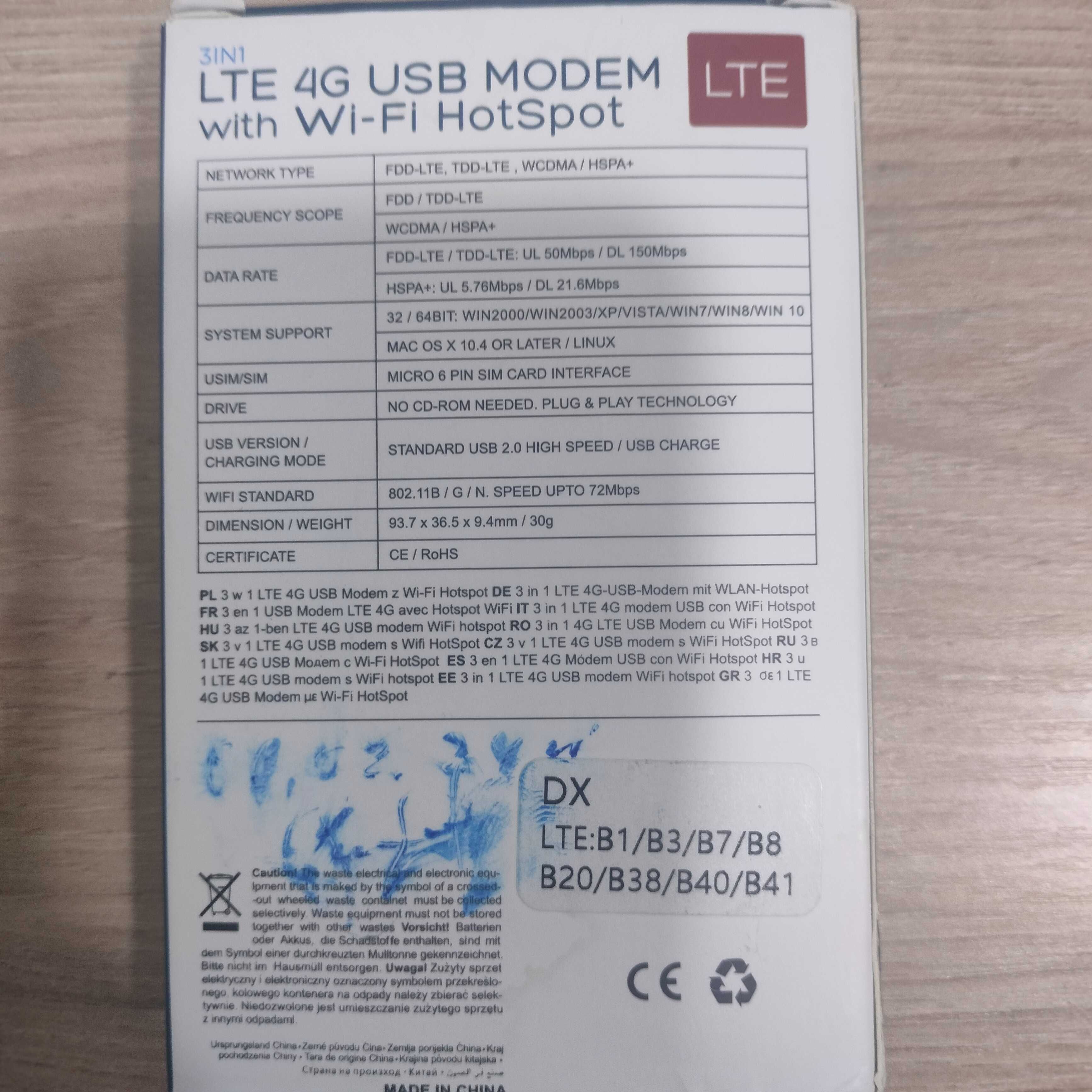 LTE 4G USB Modem with Wi-Fi  HotSpot 3in1