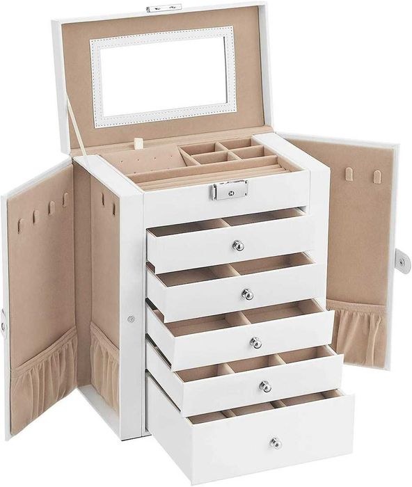 Cutie de bijuterii Songmics, 6 nivele, 5 sertare, alb