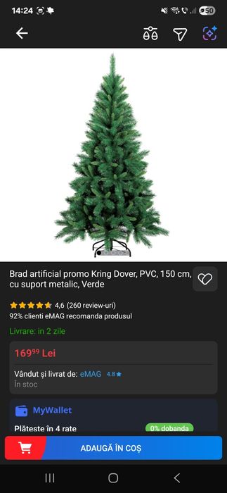 Brad artificial cu suport metalic 150 cm