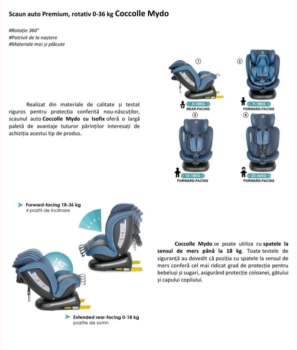 Scaun Auto Rotativ cu Isofix Coccolle Mydo 0-36 Kg - Albastru