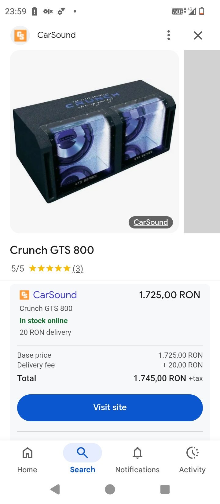 Vand subwoofer crunch gts 800