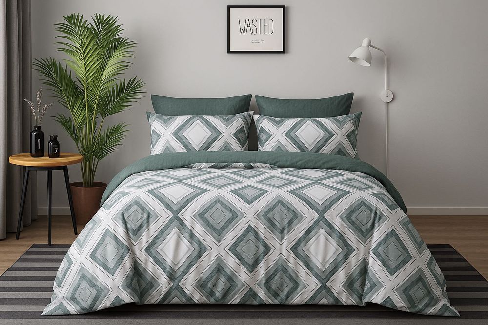 Lenjerie pat bumbac finet Casa Pucioasa 6 piese -model geometric verde