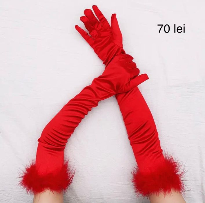 Manusi lungi cu PUF + Manusi lungi cu FRANJURI - negre / rosii