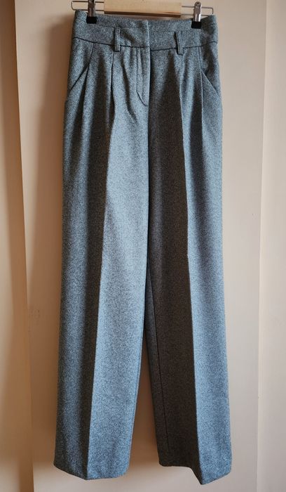 Сив панталон S/M/36 елегантен зимен басти висока талия широк прав ръб