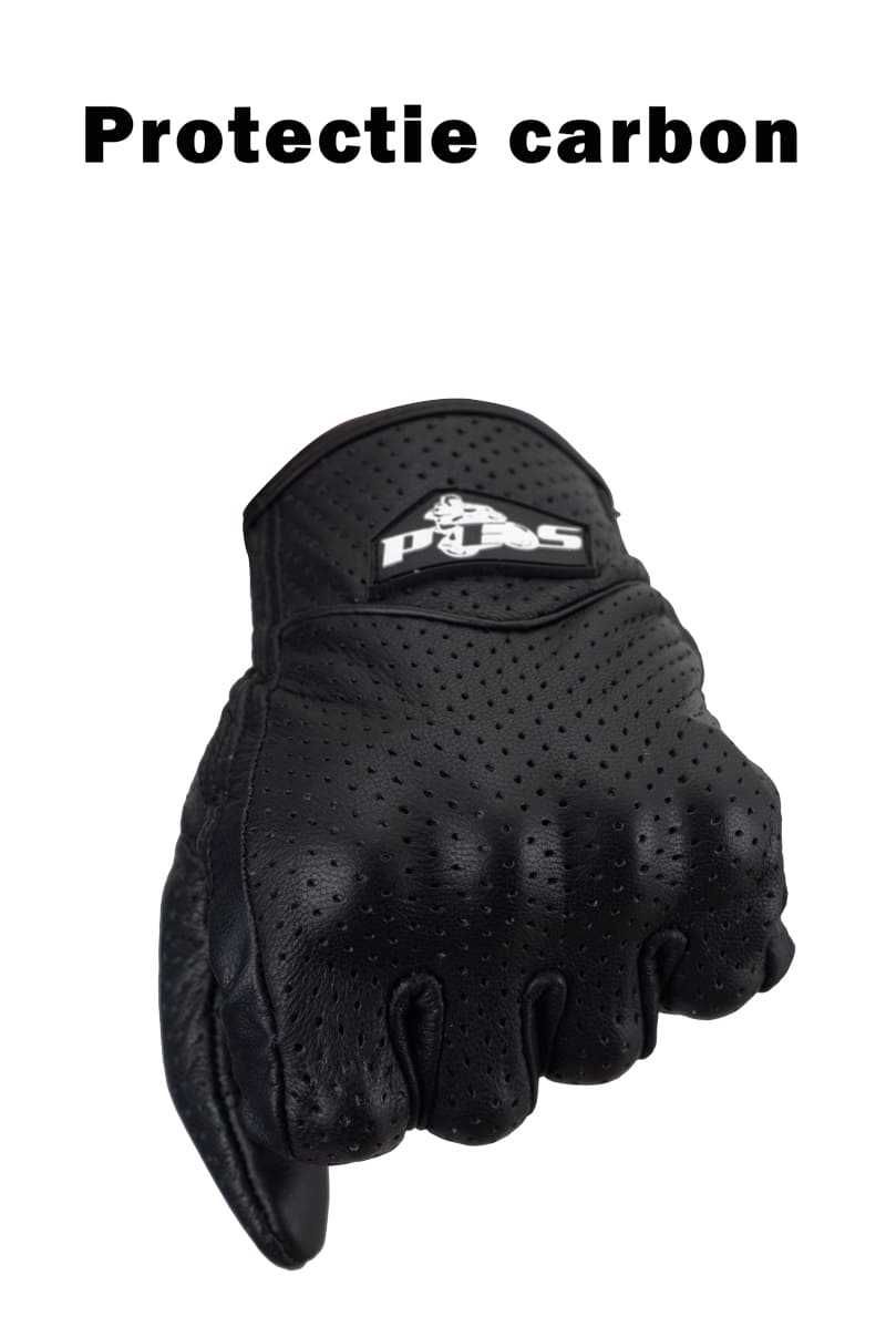Manuși Moto din Piele Perforată cu Protecție Carbon, PES, Negru