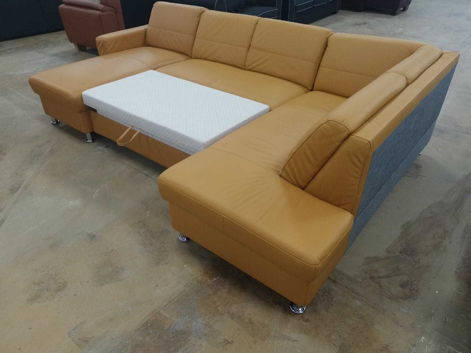 Оранжев кожен ъглов диван "Model 5699" с функция сън
