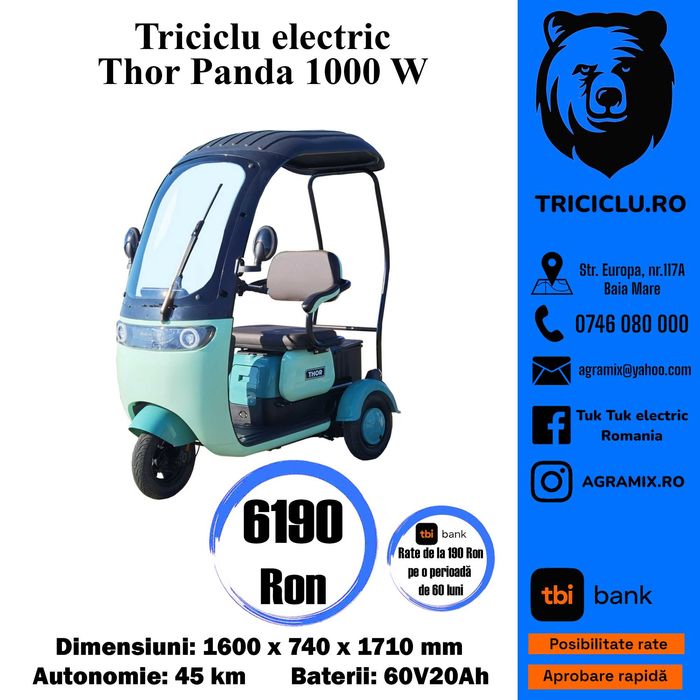 Triciclu electric THOR PANDA nou 1000 W Agramix