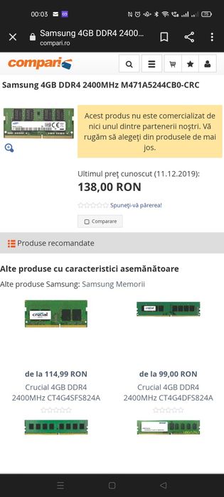 Memorie RAM laptop Samsung, SO-DIMM, DDR4, 2400 MHz, 4GB, C17, 1.2V