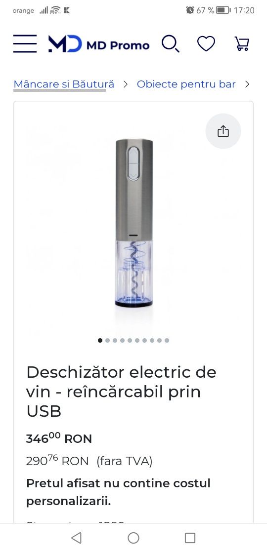 Deschizător electric de vin - reîncărcabil prin USB