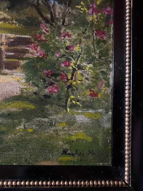 SUPERB! Școală maghiară-”Curte înflorită” TABL0U f VECHI,  u/pz 70x55