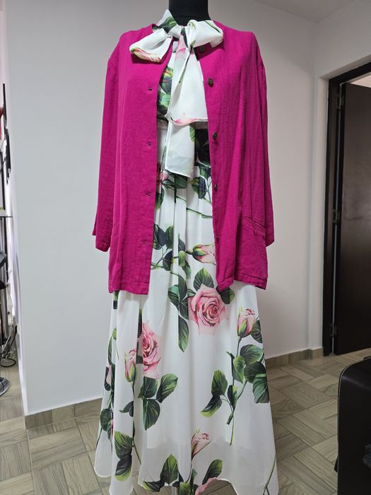 Sacou fucsia din fibre naturale, cu maneci 3/4, buzunare laterale