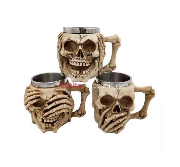 Set 3 Halbe de bere Skeleton 400 ml, inox+rasina, Bej