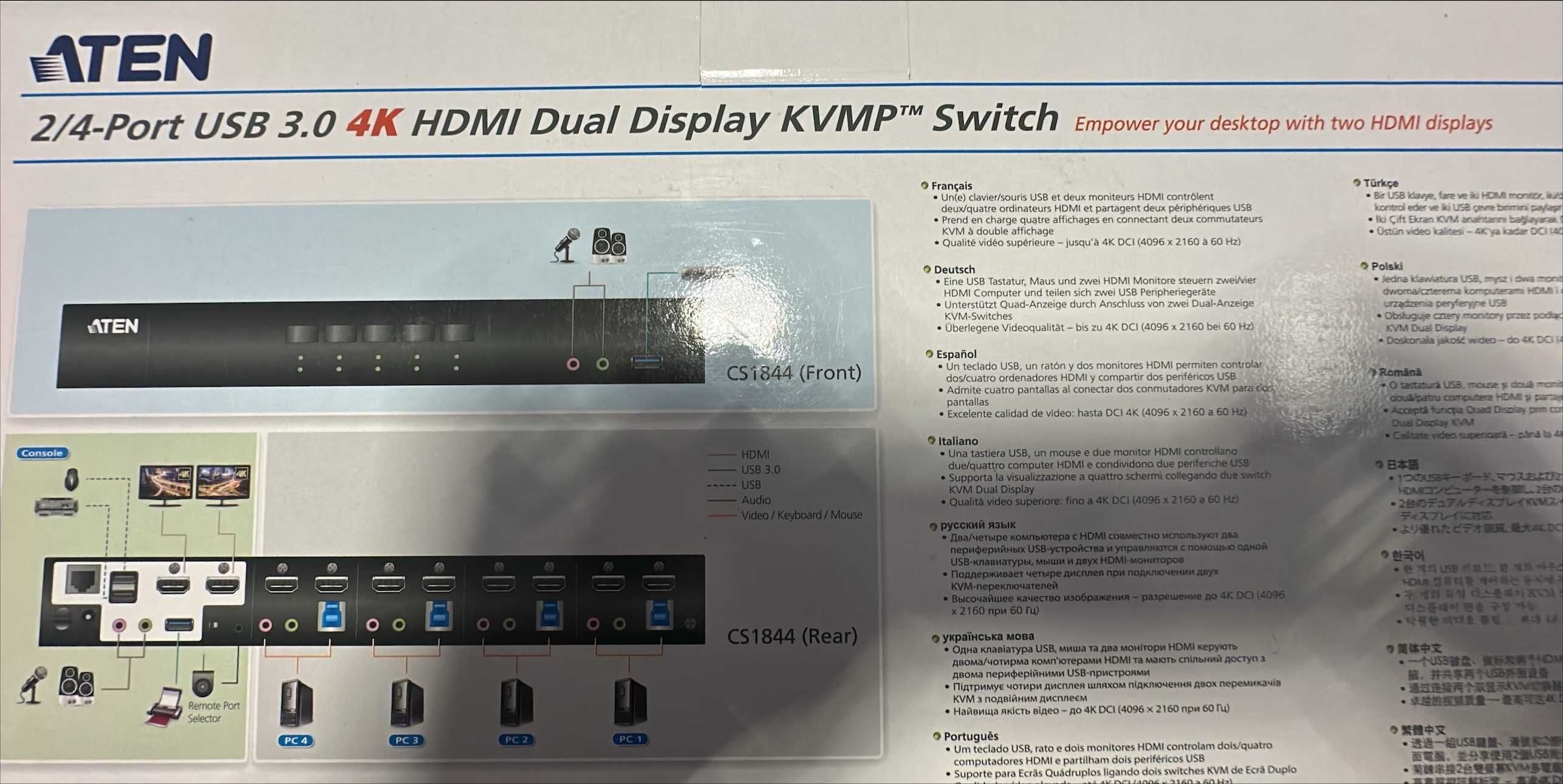 Aten KVM Switch 2-Port USB 3.0 4K HDMI Dual Display CS1842