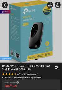 Router Wi-Fi 3G/4G TP-Link M7200, slot SIM, Portabil, 2000mAh