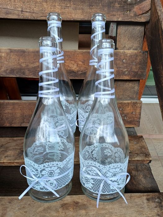 Set 4 vaze pentru flori, din sticla, cu dantela si fundita