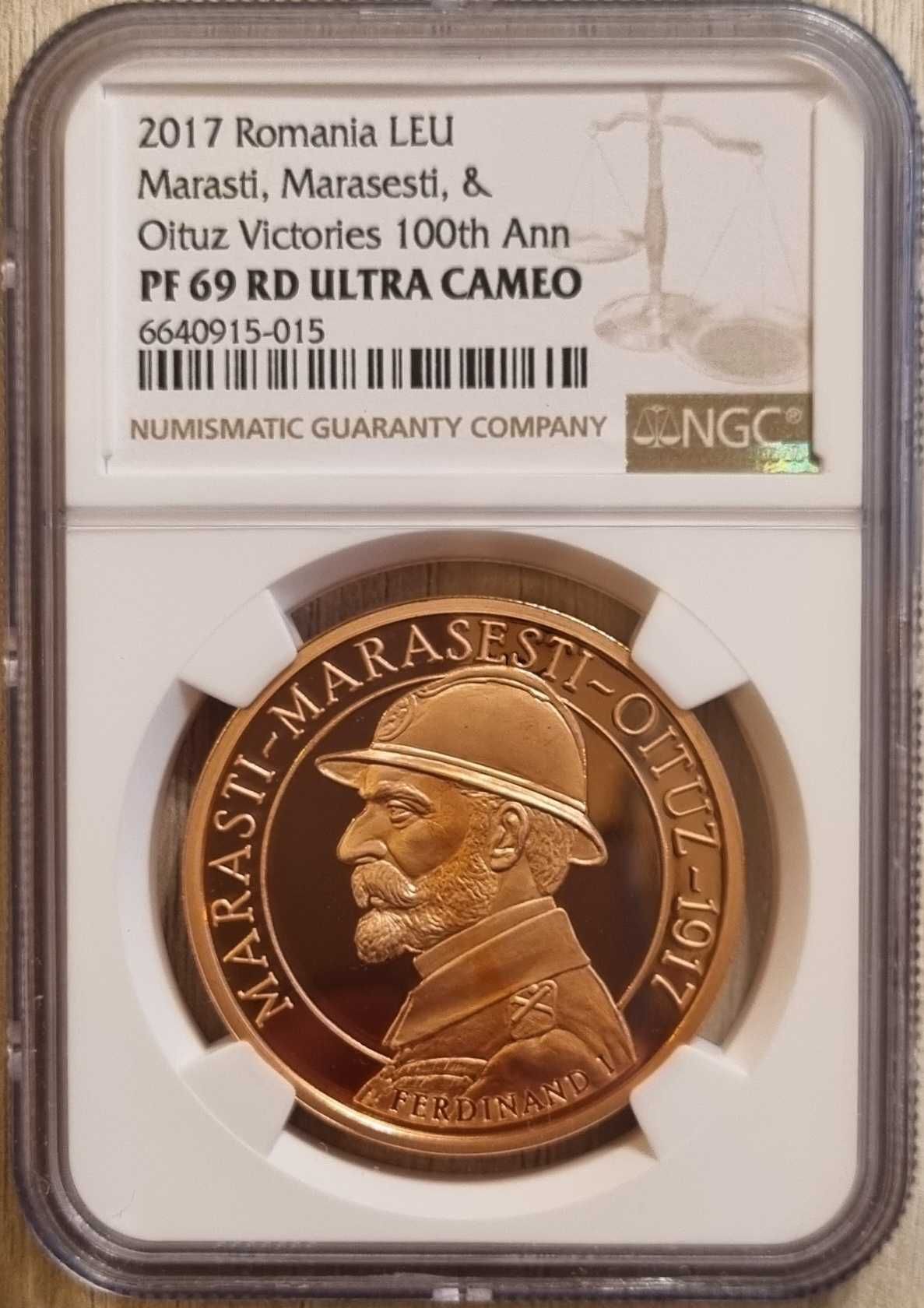 Moneda BNR 1 leu tombac Marasti, Marasesti, Oituz gradata NGC PF 69 UC