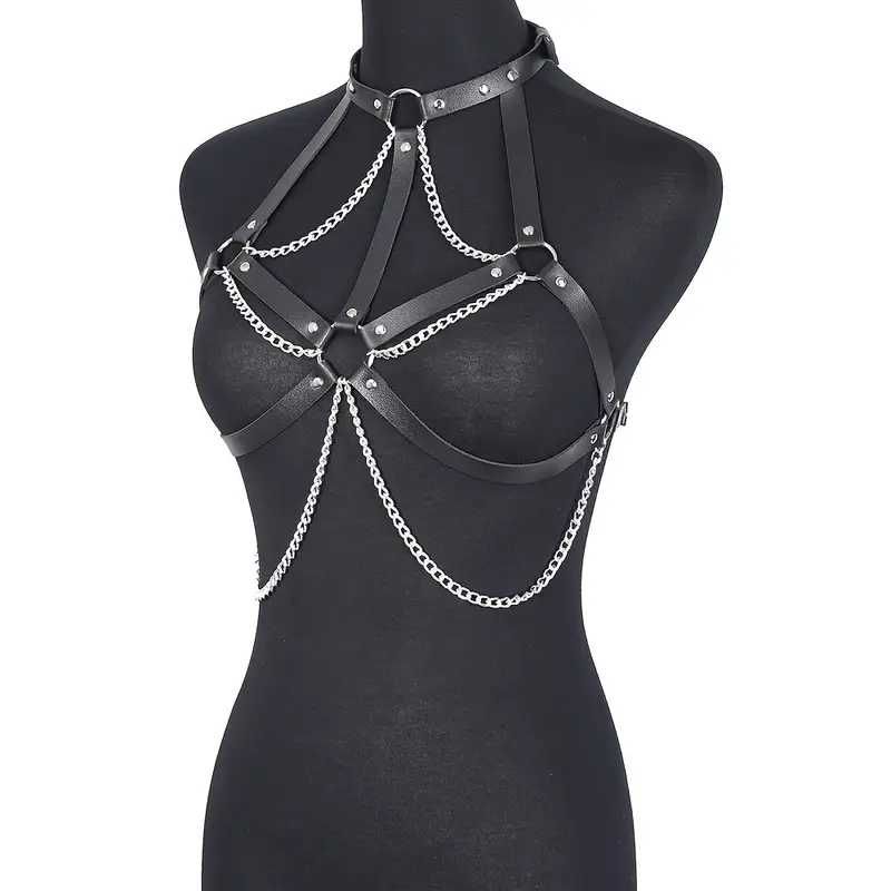 Кожено секси харнес бюстие с чоукър и верижки BDSM