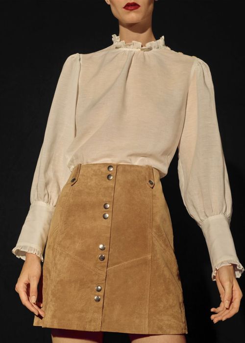 Mango Fusta mini piele intoarsa camel maro