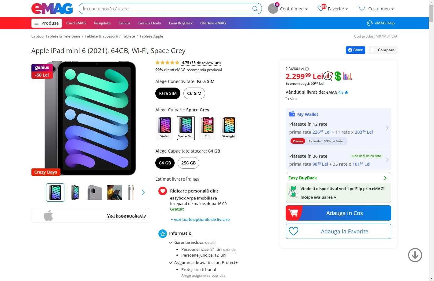 Tableta Apple iPad Mini 6 space gray ca NOU