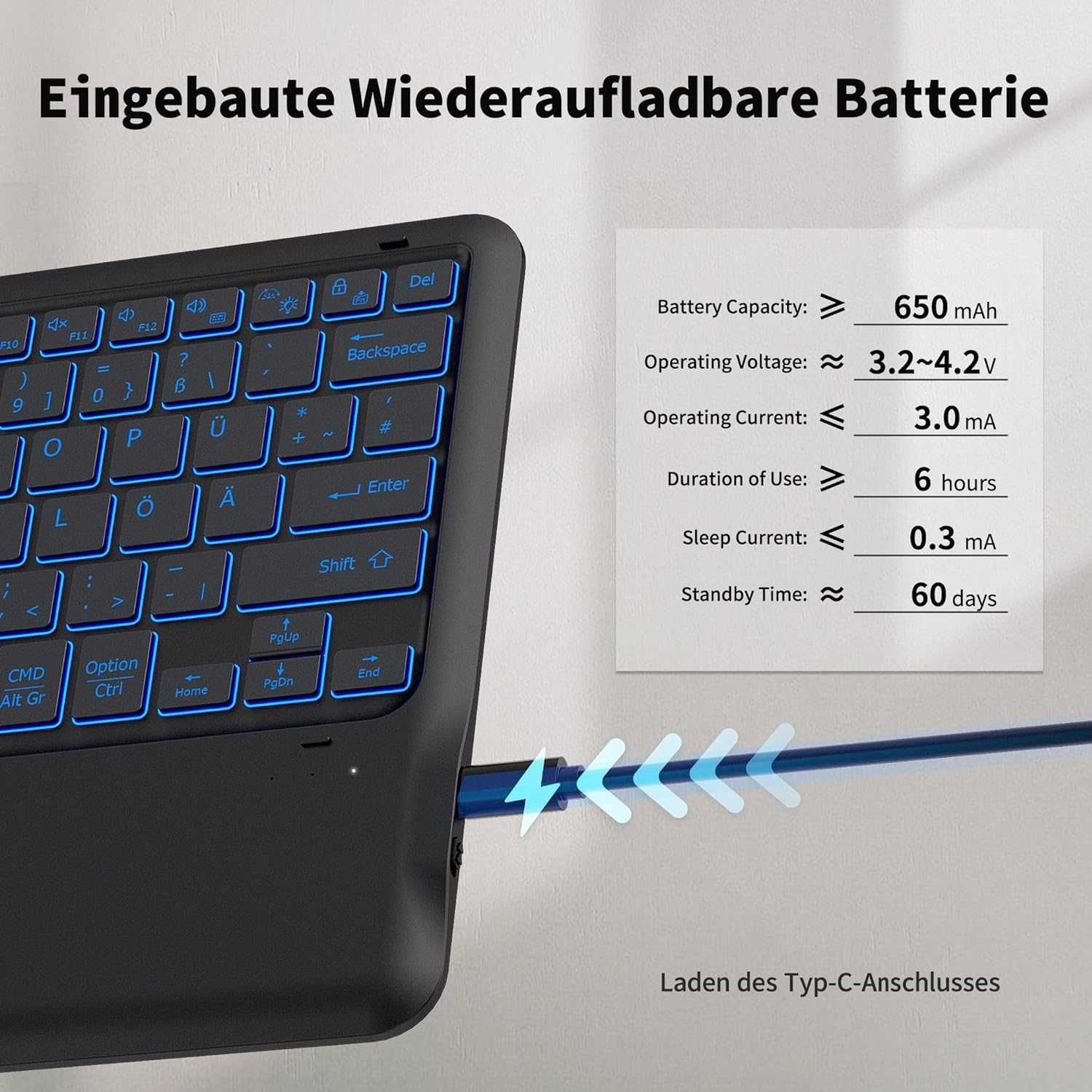 Tastatură Bluetooth EasyAcc touchpad,QWERTZ,7 culori iluminată